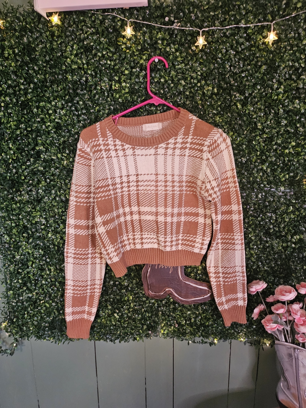 Altar'd State Tan & White Plaid Cropped Crewneck Sweater